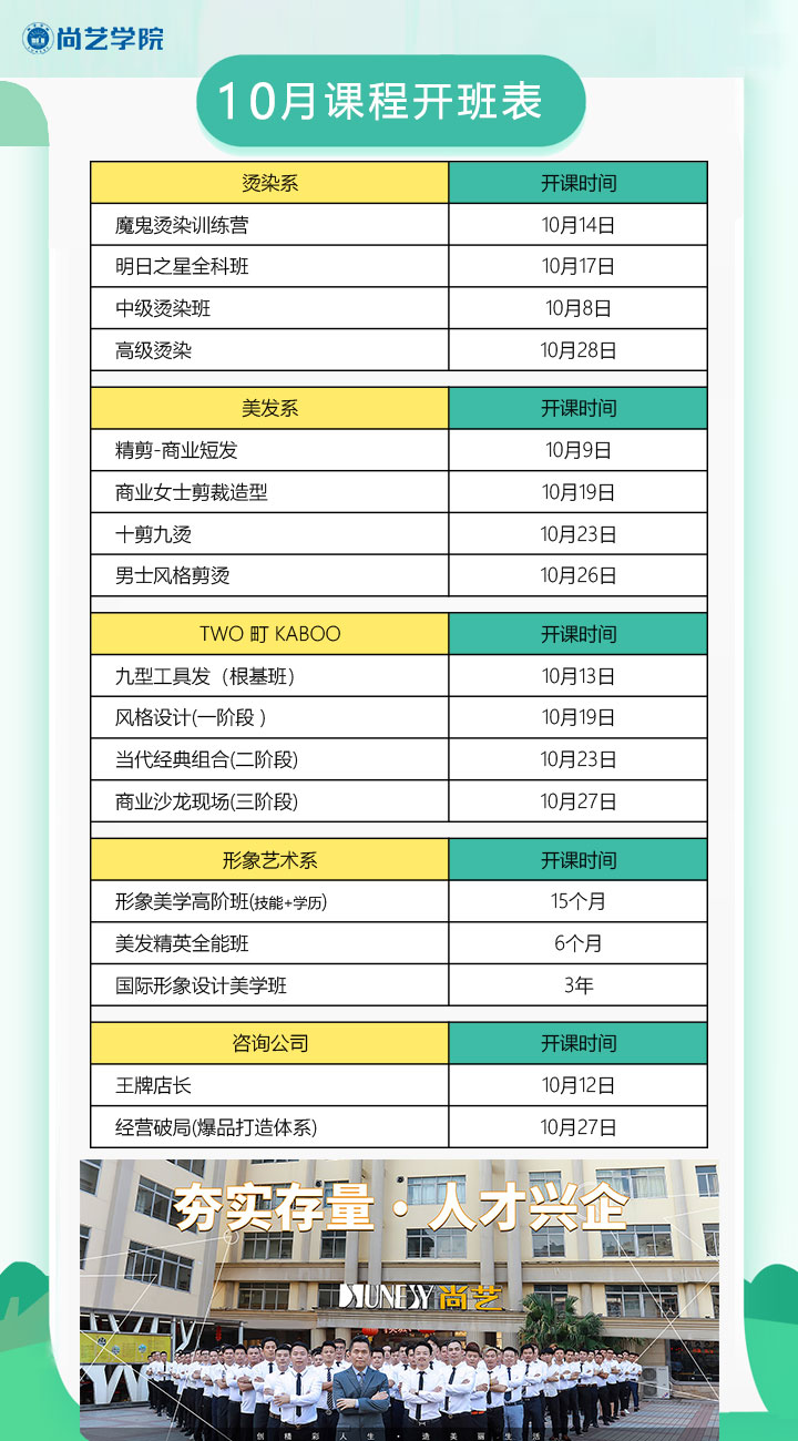 广州尚艺美发职业培训学院2026年10月课程开班表