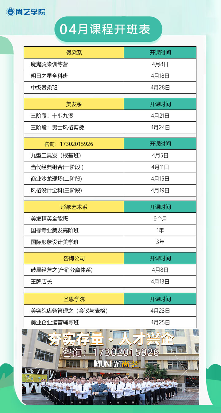 广州尚艺美发职业培训学院2026年04月课程开班表